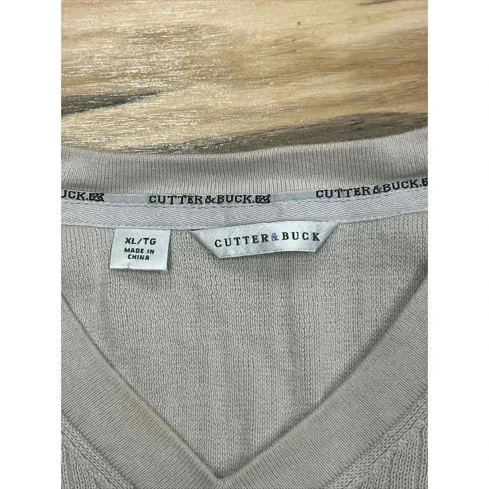 Cutter & Buck Mens XL Ribbed Knit Sweater Beige V Neck Pullover Golf
